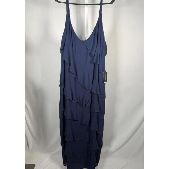 B. Darlin Women's V-Neck Sleeveless Ruffle-Trim Gown Navy Plus Size 24W NWT - Picture 2 of 7